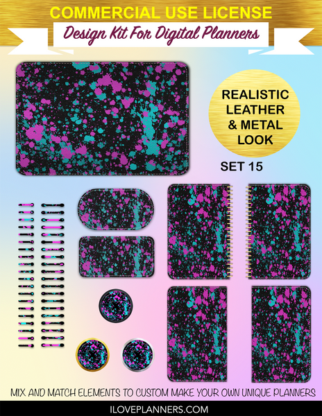 Neon Paint Splatters Design Kit for Digital Planners, Cover Kit, Spirals, Coils, Customize Your Digital Planners, Commercial Use OK, Digital Planners, Digital Journals, Compatible for PC, Mac, CANVA. #52