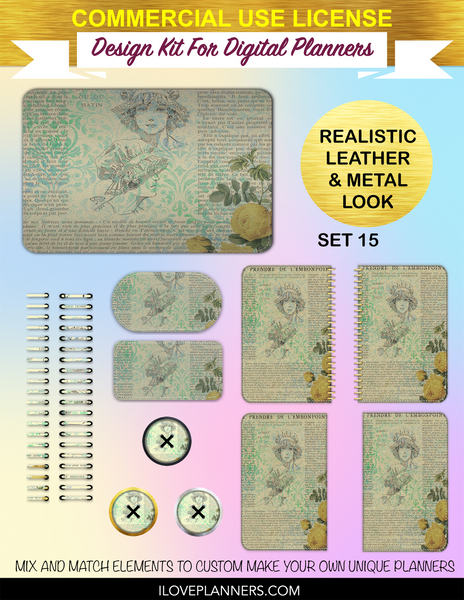 French Ephemera Digital Planners, Spirals, Coils, Customize Your Digital Planners, Commercial Use OK, Digital Planners, Digital Journals, Compatible for PC, Mac, CANVA. #57