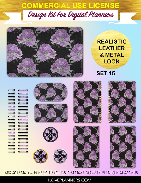 Purple and Silver Floral Digital Planners, Spirals, Coils, Customize Your Digital Planners, Commercial Use OK, Digital Planners, Digital Journals, Compatible for PC, Mac, CANVA. #39