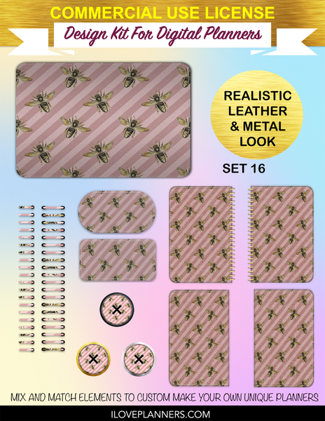 Pink and Gold Bees Digital Planners, Spirals, Coils, Customize Your Digital Planners, Commercial Use OK, Digital Planners, Digital Journals, Compatible for PC, Mac, CANVA. #37