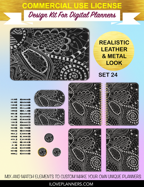 Floral Zen Tangles Digital Paper Cover Kit for Digital Planners, Spirals, Coils, Customize Your Digital Planners, Commercial Use OK, Digital Planners, Digital Journals, Compatible for PC, Mac, Canva. #124