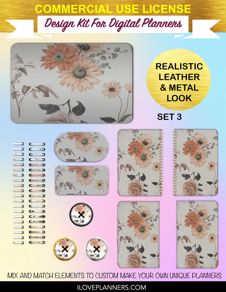 Peachy Floral Digital Planners, Spirals, Coils, Customize Your Digital Planners, Commercial Use OK, Digital Planners, Digital Journals, Compatible for PC, Mac, CANVA. #85