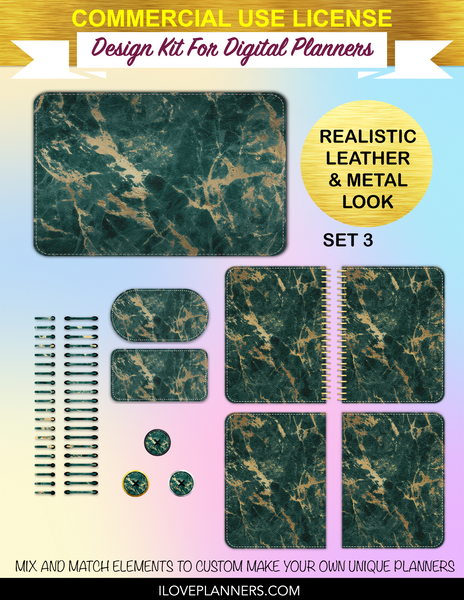 Teal and Gold Marble Cover Kit for Digital Planners, Spirals, Coils, Customize Your Digital Planners, Commercial Use OK, Digital Planners, Digital Journals, Compatible for PC, Mac, CANVA. #101