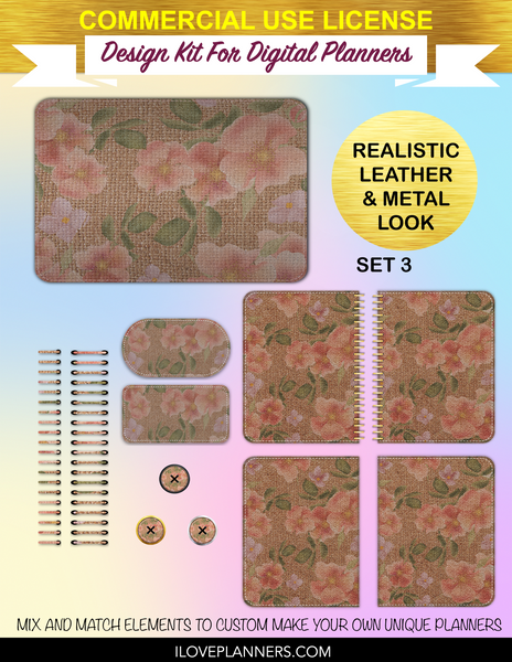 Floral Burlap Cover Kit for Digital Planners, Spirals, Coils, Customize Your Digital Planners, Commercial Use OK, Digital Planners, Digital Journals, Compatible for PC, Mac, Canva. #117