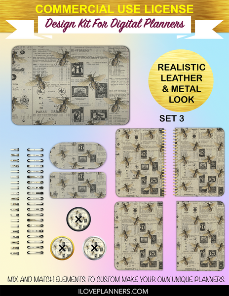 Vintage Honey Bee Cover Kit for Digital Planners, Spirals, Coils, Customize Your Digital Planners, Commercial Use OK, Digital Planners, Digital Journals, Compatible for PC, Mac, Canva. #22
