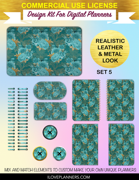 Aqua and Gold Floral Digital Planners, Cover Kit, Spirals, Coils, Customize Your Digital Planners, Commercial Use OK, Digital Planners, Digital Journals, Compatible for PC, Mac, CANVA. #88