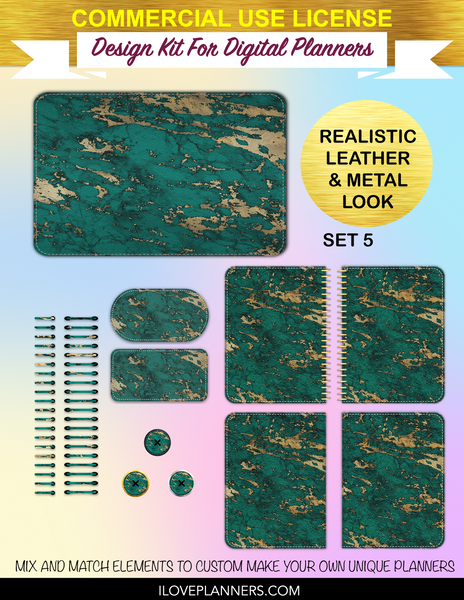 Teal and Gold Marble Cover Kit for Digital Planners, Spirals, Coils, Customize Your Digital Planners, Commercial Use OK, Digital Planners, Digital Journals, Compatible for PC, Mac, CANVA. #101