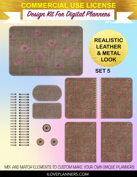 Floral Burlap Cover Kit for Digital Planners, Spirals, Coils, Customize Your Digital Planners, Commercial Use OK, Digital Planners, Digital Journals, Compatible for PC, Mac, Canva. #117