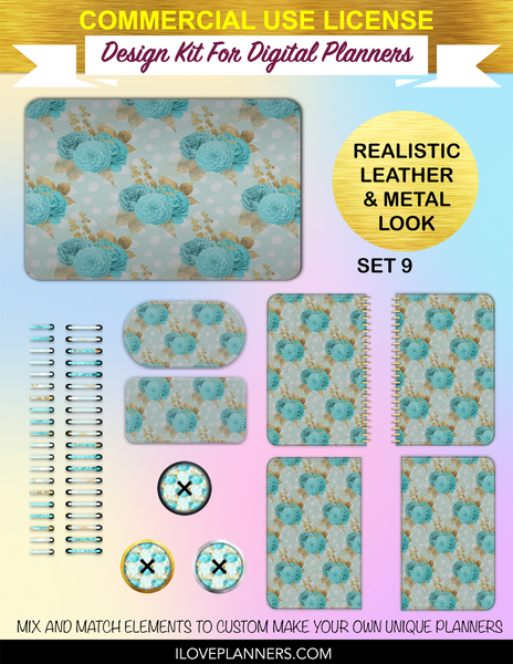 Aqua and Gold Floral Digital Planners, Cover Kit, Spirals, Coils, Customize Your Digital Planners, Commercial Use OK, Digital Planners, Digital Journals, Compatible for PC, Mac, CANVA. #88