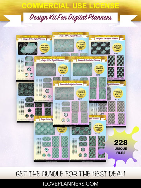 Aqua and Silver Floral Design Kit for Digital Planners, Spirals, Coils, Customize Your Digital Planners, Commercial Use OK, Digital Planners, Digital Journals, Compatible for PC, Mac, CANVA. #31