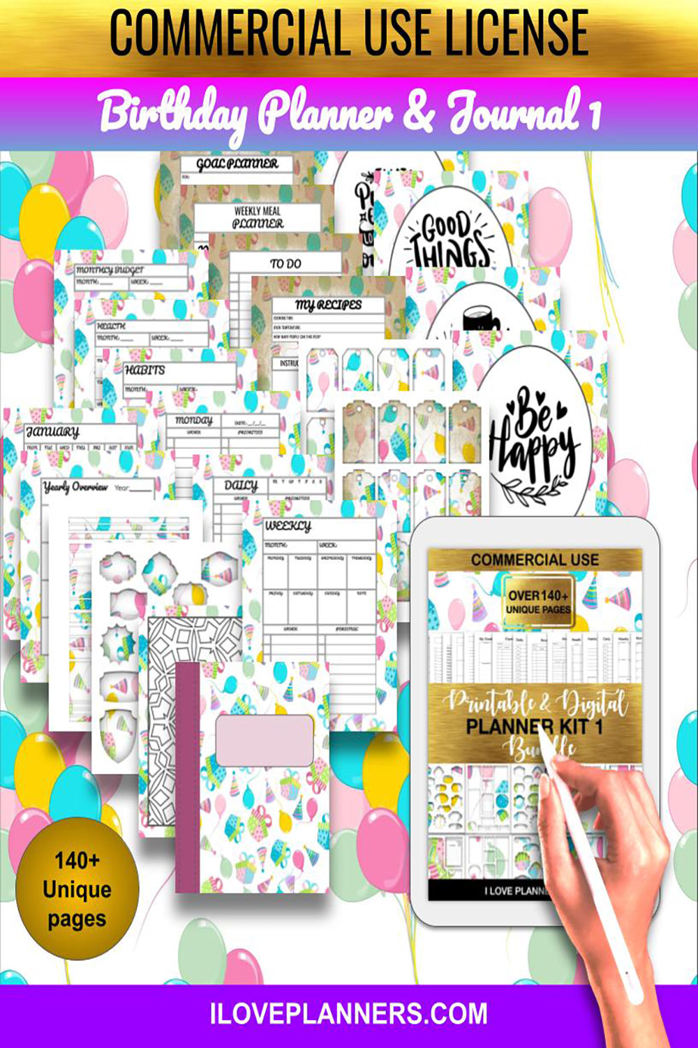 Birthday Planner and Journal/ Coloring Book/ Coloring Planner/ Printable Planner and Journal/ Journal, Planner, DIY, Print At Home, Digital Download. Full Size 140 pages v1