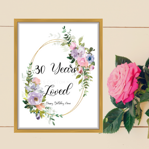 Autumn 30th Birthday Party Decor - 30 Years Loved Birthday - 30th Birthday Party Decoration Sign - Floral Birthday Poster - Adult Birthday Party