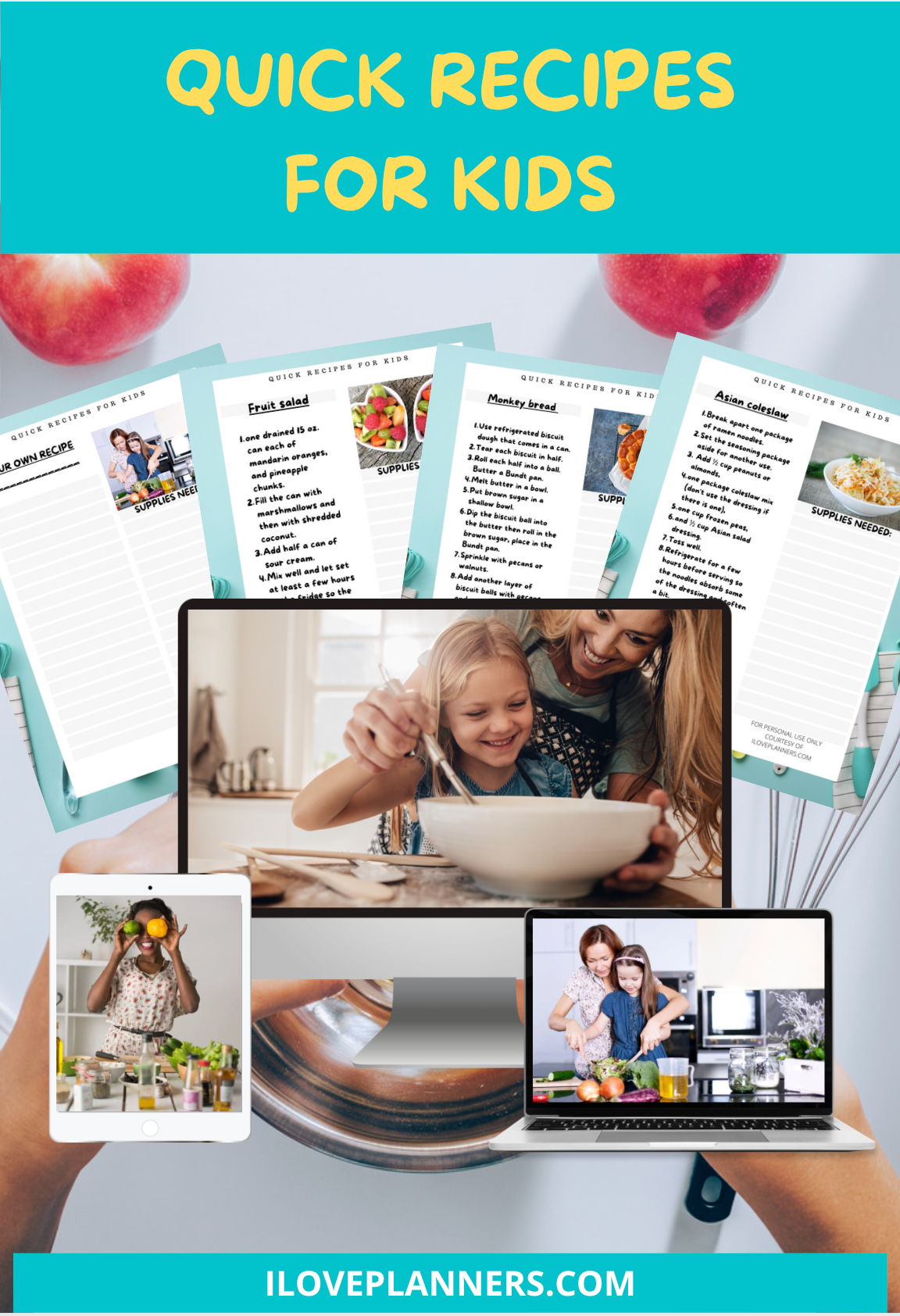 Quick Recipes For Kids, Family, Family Activities, Kids Activities, and More. Print It Yourself, DIY, Instant Download, Printable, Digital Download