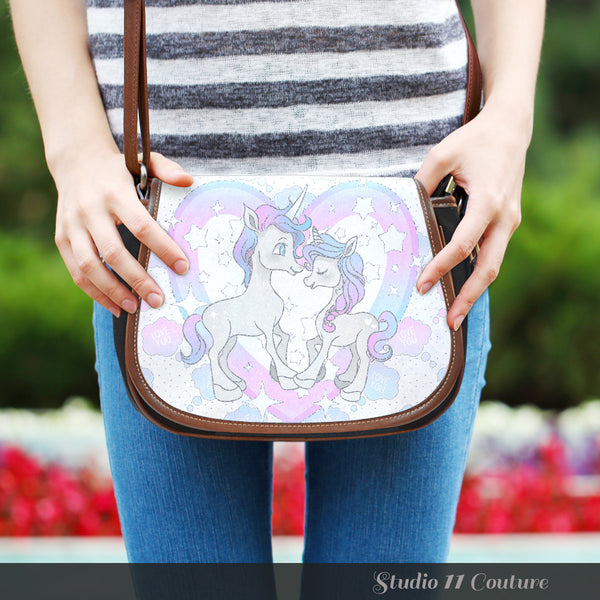 Unicorn In Love Crossbody Shoulder Canvas Leather Saddle Bag - STUDIO 11 COUTURE