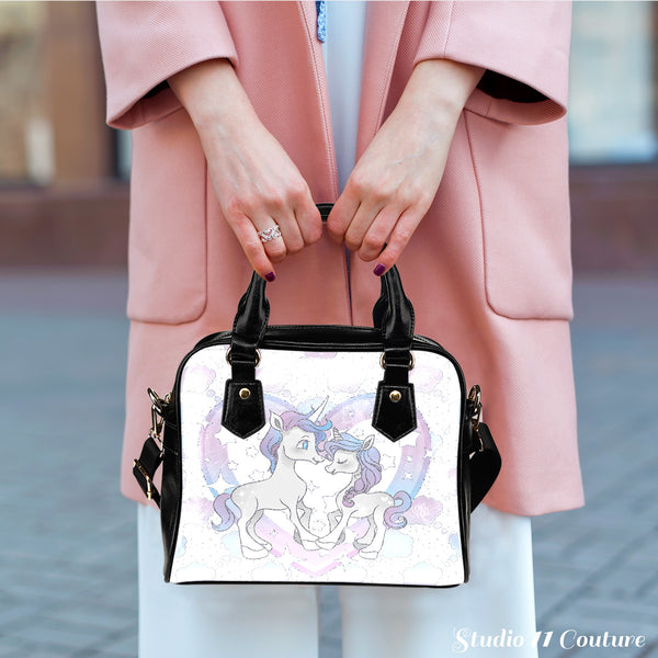 Unicorn Love Theme Women Fashion Shoulder Handbag Black Vegan Faux Leather - STUDIO 11 COUTURE