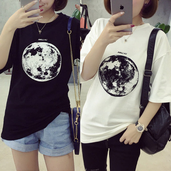 Loose Moon Space Printed Short Sleeve Harajuku T-shirt Top