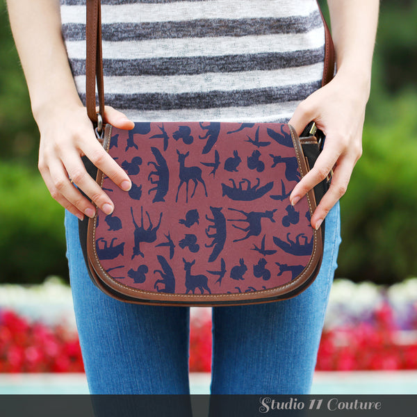 Snow White Wood Land Creatures Silhouette Red and Navy Blue Crossbody Shoulder Canvas Leather Saddle Bag - STUDIO 11 COUTURE
