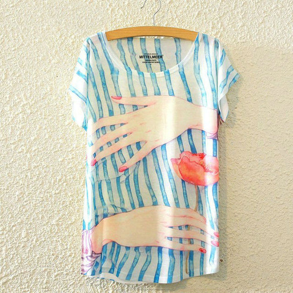 KaiTingu 2016 Brand New Fashion Harajuku Animal Cat Print Shirt O-Neck Short Sleeve Women Tops