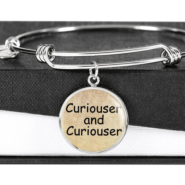 Alice In Wonderland Quote 2 PERSONALIZED Custom Design Silver or Gold Plated Bracelet Bangle, Custom Laser Engraved Jewelry, Circle Round Pendant, Pendant Bracelet, Gift for Her, Gift For Mom
