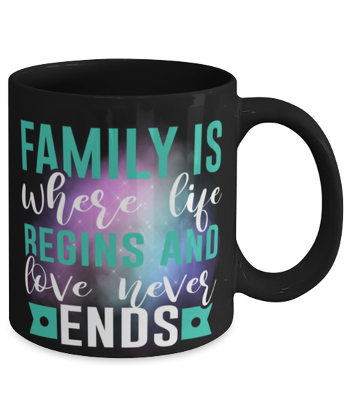 family is about where life begnis and love never ends, Coffee Mug