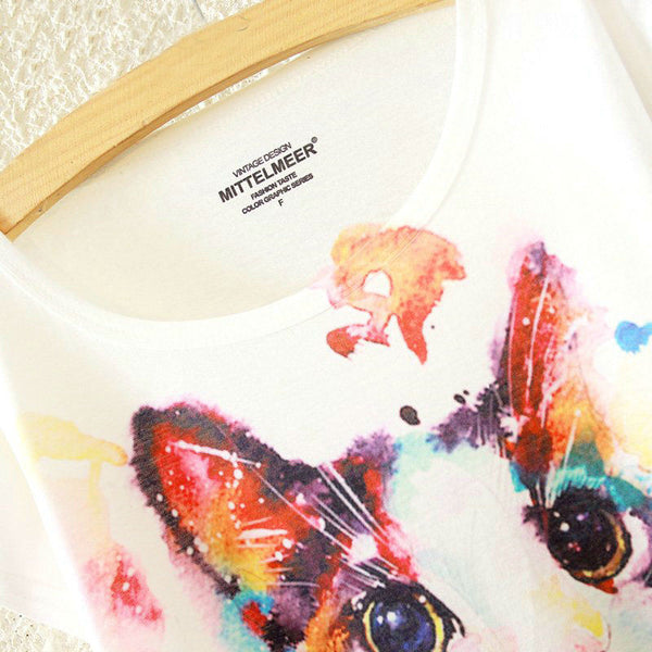 KaiTingu 2016 Brand New Fashion Harajuku Animal Cat Print Shirt O-Neck Short Sleeve Women Tops