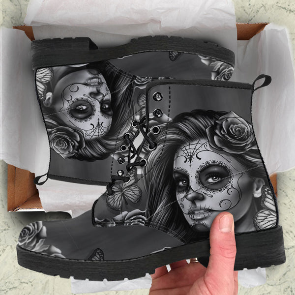 Black and White Sugar Skull Girl Womens Leather Boots - STUDIO 11 COUTURE