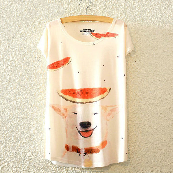 KaiTingu 2016 Brand New Fashion Harajuku Animal Cat Print Shirt O-Neck Short Sleeve Women Tops