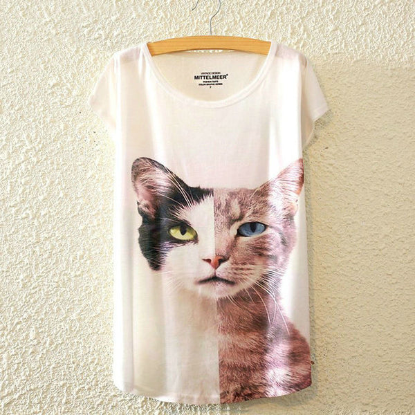 KaiTingu 2016 Brand New Fashion Harajuku Animal Cat Print Shirt O-Neck Short Sleeve Women Tops