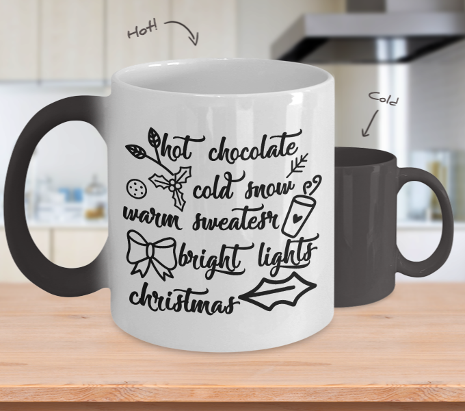Color Changing Mug Christmas Holiday Winter Hot Chocolate Cold Snow Warm Sweater Bright Lights