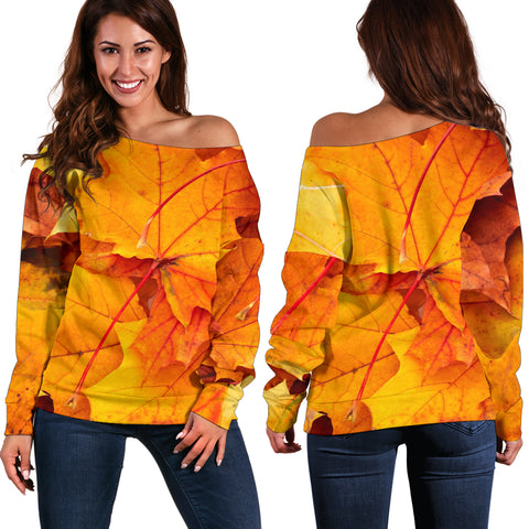 Women Teen Off Shoulder Sweater Nature 1 Maple Leaves