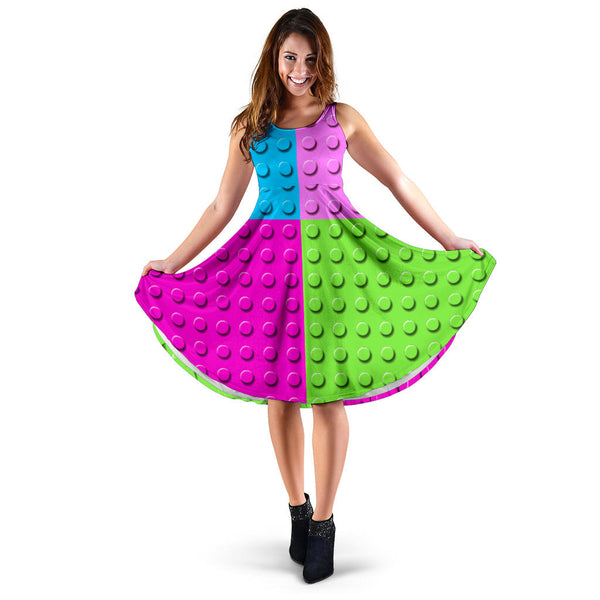 Women's Dress, No Sleeves, Custom Dress, Midi Dress, Lego Building Blocks Pastel 08