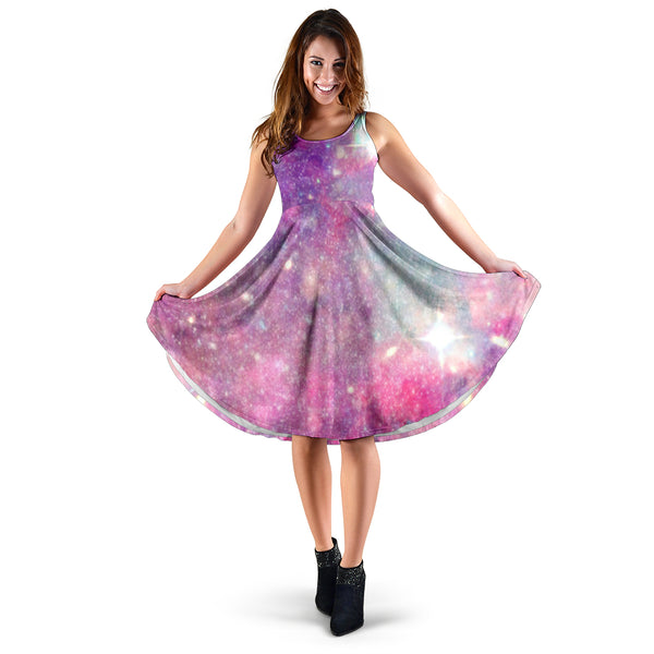 Women's Dress, No Sleeves, Custom Dress, Midi Dress, Pastel Galaxy 04