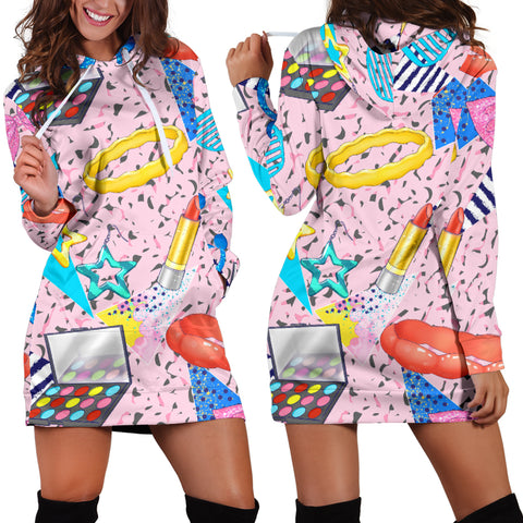 Studio11Couture Women Hoodie Dress Hooded Tunic 80s Make Up Fashion Girl Athleisure Sweatshirt