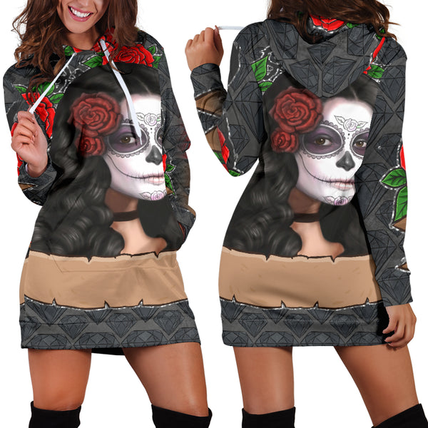Studio11Couture Women Hoodie Dress Hooded Tunic Sugar Skull Dia De Los Muertos Athleisure Sweatshirt