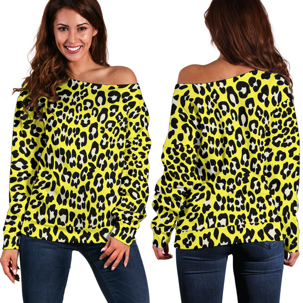 Women Teen Off Shoulder Sweater Leopard Print Digital Paper 05