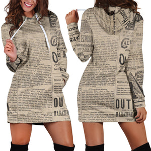 Studio11Couture Women Hoodie Dress Hooded Tunic Old Newspaper 3 Athleisure Sweatshirt