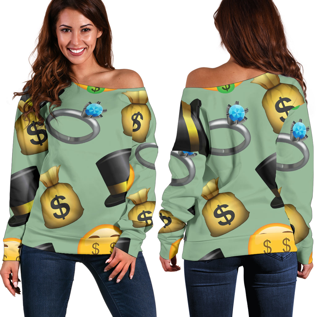 Women Teen Off Shoulder Sweater Emojis Money