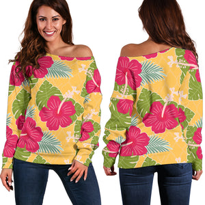 Women Teen Off Shoulder Sweater Floral Tropical 1-04