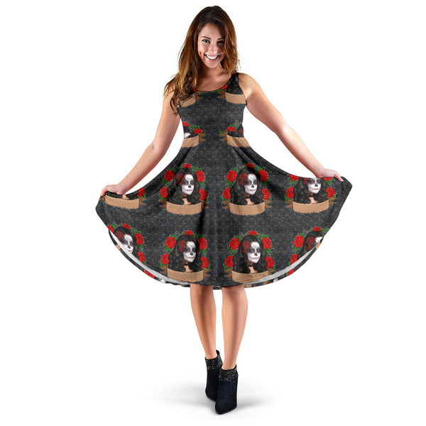 Women's Dress, No Sleeves, Custom Dress, Midi Dress, Sugar Skull 03