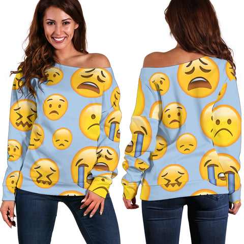 Women Teen Off Shoulder Sweater Emojis Happy Sad