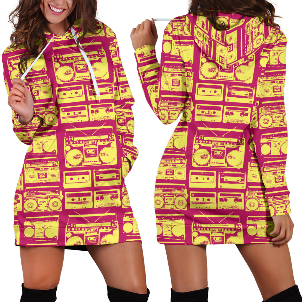 Studio11Couture Women Hoodie Dress Hooded Tunic 80s Yellow Boombox Athleisure Sweatshirt