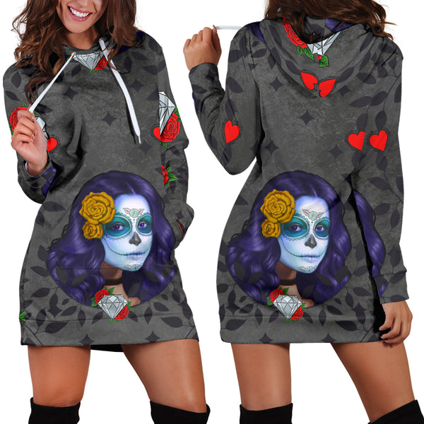 Studio11Couture Women Hoodie Dress Hooded Tunic Sugar Skull Diamond Red Athleisure Sweatshirt