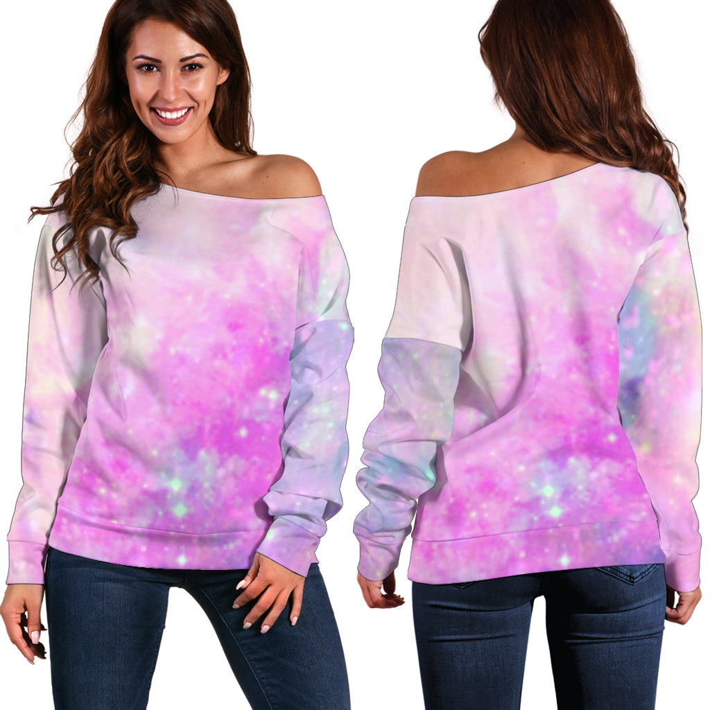 Women Teen Off Shoulder Sweater Pastel Galaxy 7