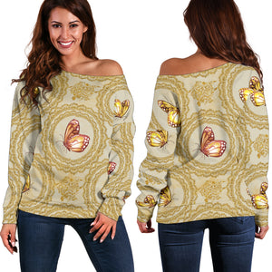 Women Teen Off Shoulder Sweater Gold Floral 4