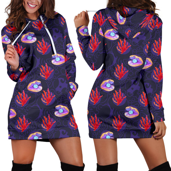 Studio11Couture Women Hoodie Dress Hooded Tunic Clam Pearl Athleisure Sweatshirt