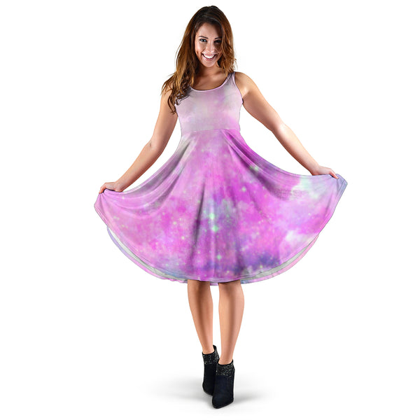 Women's Dress, No Sleeves, Custom Dress, Midi Dress, Pastel Galaxy 07