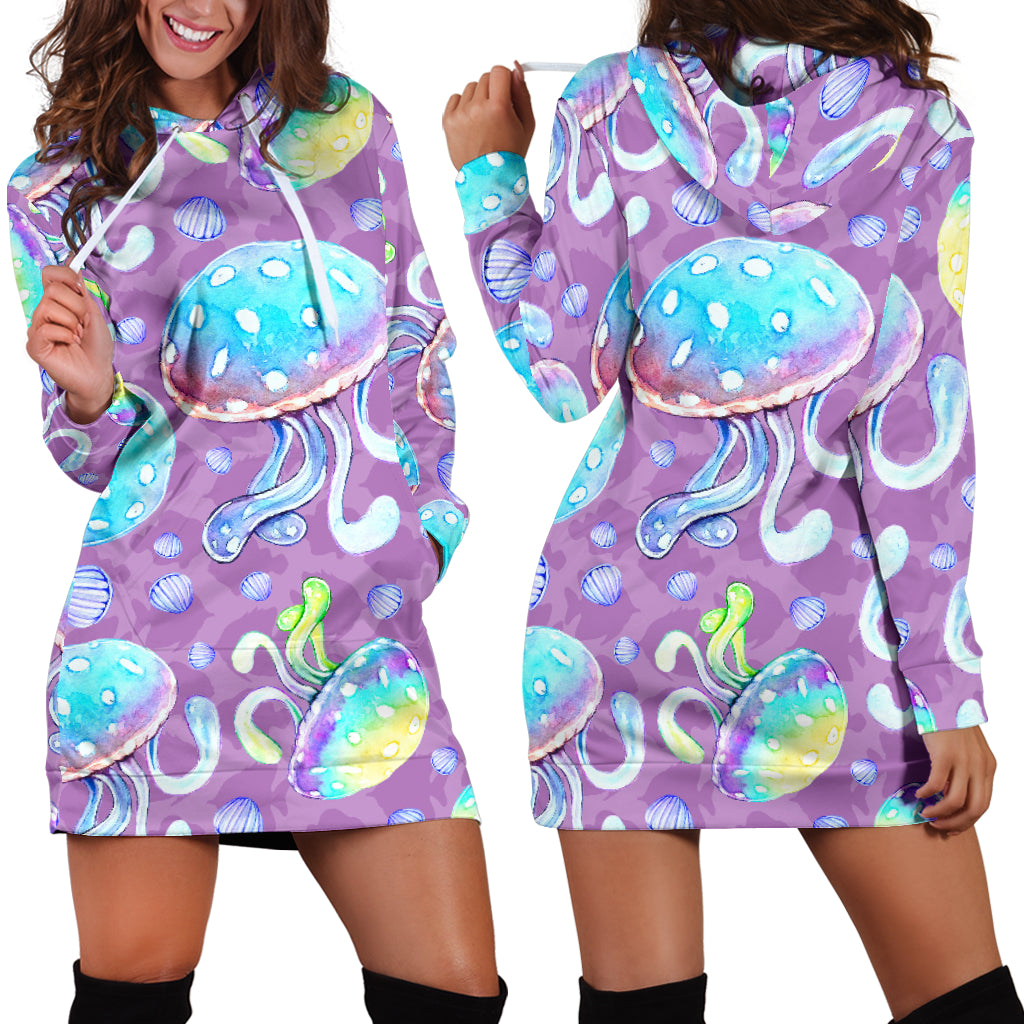 Studio11Couture Women Hoodie Dress Hooded Tunic Full Of Jellyfish Athleisure Sweatshirt