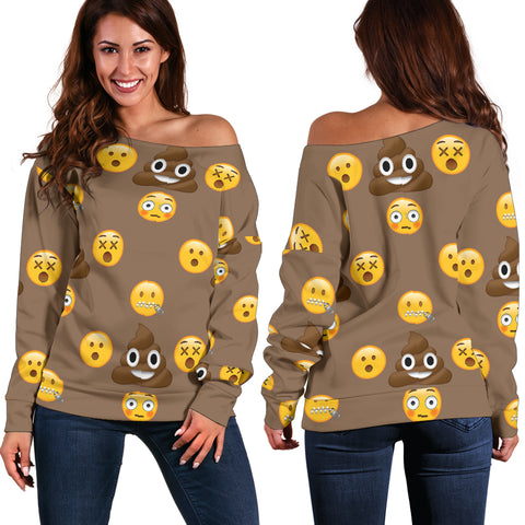Women Teen Off Shoulder Sweater Emojis Happy Poo