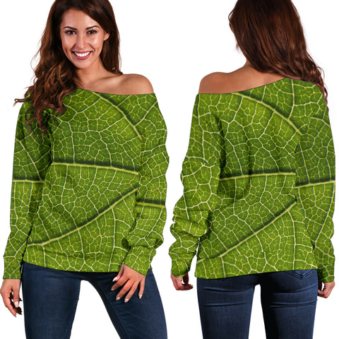 Women Teen Off Shoulder Sweater Nature 1 Leaf Pattern