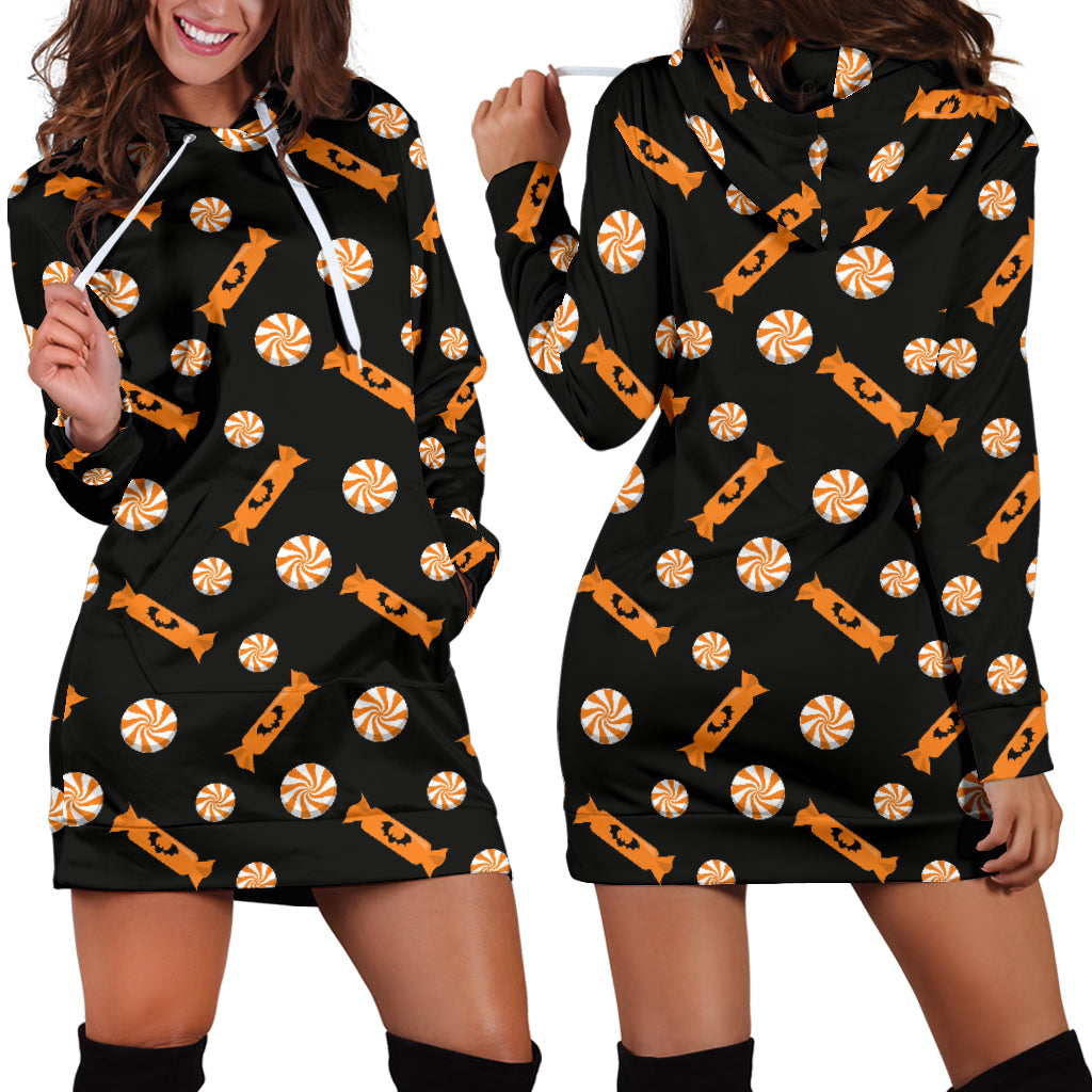 Studio11Couture Women Hoodie Dress Hooded Tunic Orange Trick Or Treat Candy Athleisure Sweatshirt